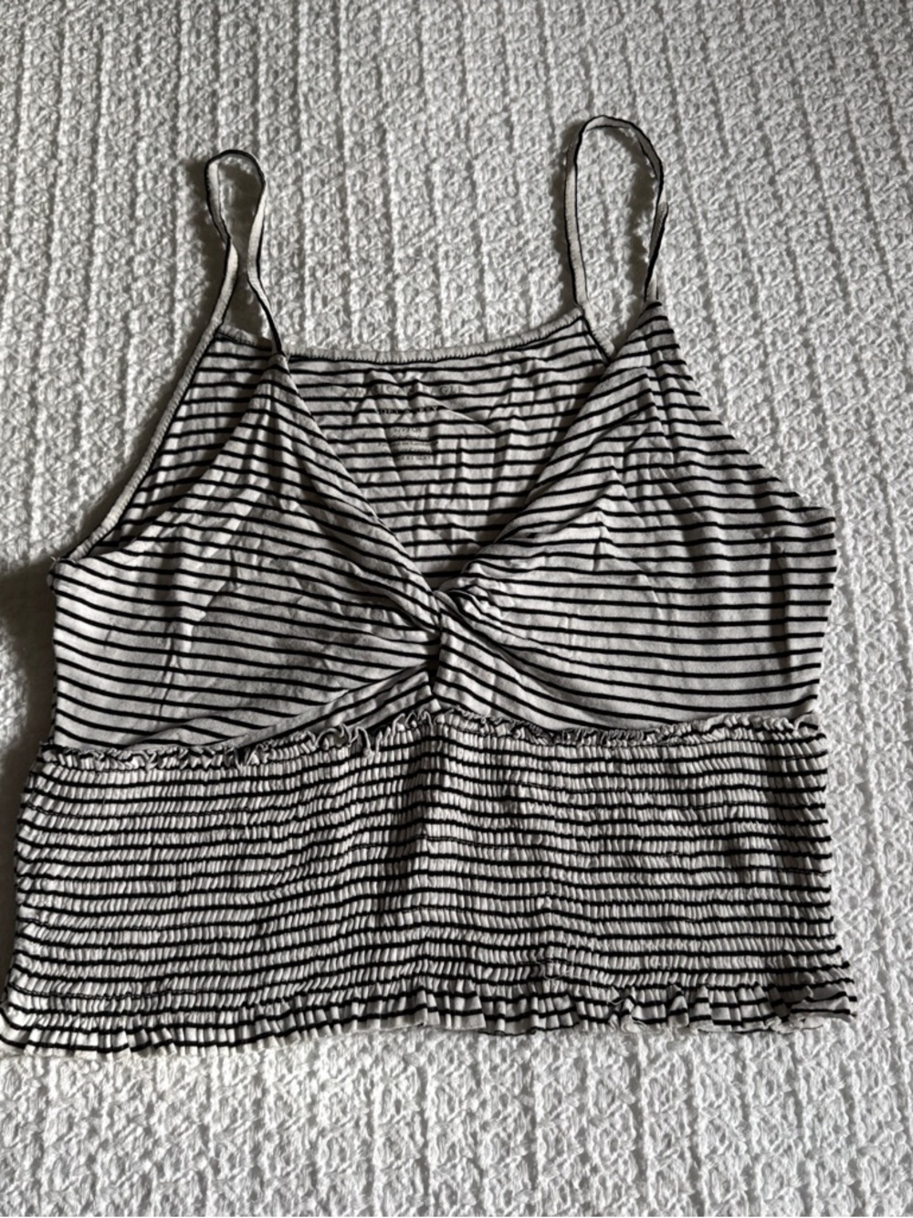 American Eagle Outfitters Black and White Striped Twist-Front Crop Cami